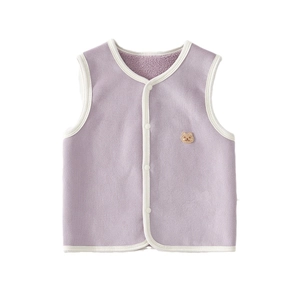 Warm light purple baby vest with white trim and cute brown bear patch on white background
