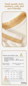 Detailed size chart for 100% cotton baby romper showing measurements for 3 to 16 months