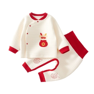 Quilted baby thermal underwear set with high waist pants and festive red trim