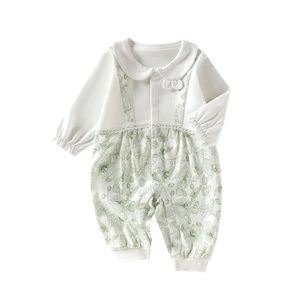 Floral print long sleeve baby girl romper with bow and lace detail in soft cotton