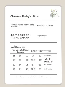 Size chart for newborn cotton rompers with measurements for ages 3 to 16 months