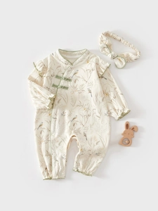 Chinese Style Baby Romper Long Sleeve Cotton Floral Bird Print Jumpsuit For Newborn Infants Autumn Spring Clothing