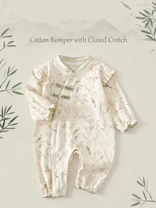 Baby cotton romper with oriental bird print and traditional Chinese button closure