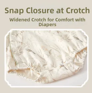 Detail of baby bodysuit featuring crotch snap buttons and a widened bottom for diaper comfort