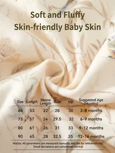 Size chart for cotton baby romper featuring a floral pattern and measurements for ages 3-16 months