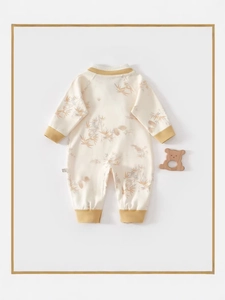 Chinese style organic cotton baby romper with bamboo leaf print and yellow rib trim