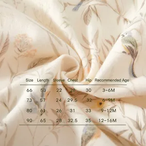 Size chart for cotton baby romper featuring bird and floral patterns on soft beige fabric