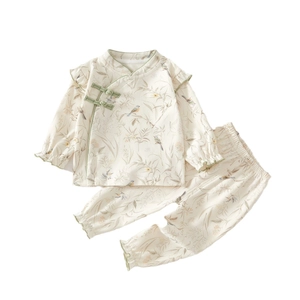 Tutina neonato in cotone stile cinese con stampa floreale e bottoni tradizionali