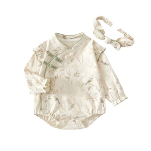 Chinese retro style newborn cotton jumpsuit with floral patterns and bow headband
