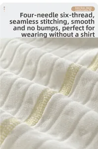 Detail of four-needle six-thread flatlock stitching on white ribbed thermal baby bodysuit