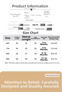 Detailed infant size chart for 100% cotton baby romper with precise measurements