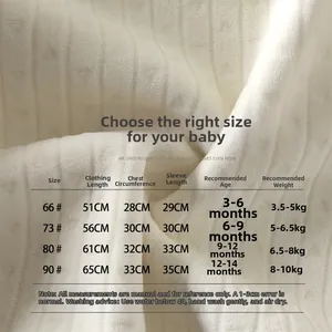 Size chart for baby thermal romper showing length, chest, and age recommendations