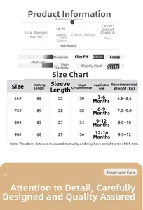Size chart for 100% cotton baby rompers showing dimensions and age recommendations