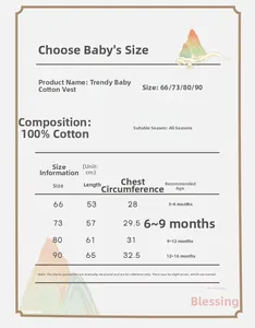 Size chart for 100% cotton baby vest showing length and chest details for 3-16 months