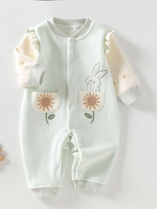 Infant Baby Romper Long Sleeve Jumpsuit Floral Rabbit Printed Ruffle Snap Sleepwear Polyester Clothing For Toddlers