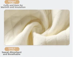 Detail of Class A white quilted cotton fabric with ribbed cuffs for thermal warmth