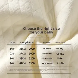 Detailed size chart for baby quilted vest including length and weight for 3-18 months