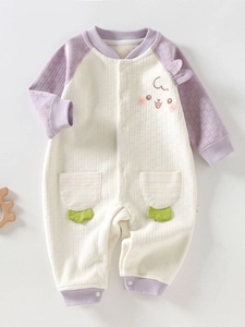 Quilted lavender and beige thermal baby bodysuit with cute cartoon embroidery and ears