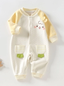 Infant thermal romper with waffle knit sleeves and cute cartoon rabbit embroidery