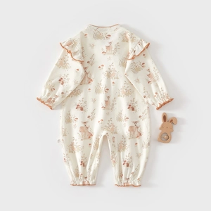 Baby cotton long sleeve romper with forest deer print and orange ruffled edges
