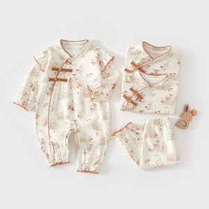 Traditional Chinese style baby jumpsuit set with deer forest print in soft cream cotton