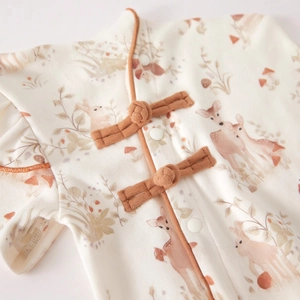 New Chinese-style baby romper featuring forest animal prints and traditional frog buttons
