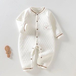 Quilted warm baby bodysuit in cream with bear print and stylish striped trims