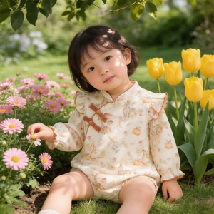 Chinesischer Stil Baby Mädchen Blumen Strampler Baumwolle Langarm Jumpsuit Kaninchen Pilz Druck Säugling Bodysuit Herbst Outfit