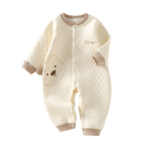 Beige quilted baby romper with bear embroidery and brown ribbed trim for autumn winter