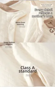 Detail of snap buttons and quilted fabric on high-waist thermal baby underwear set