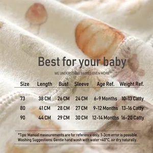 Größentabelle für Baby-Baumwoll-Strampler mit Maßen für Länge und Gewicht von Kleidung