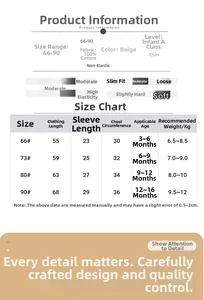 Size chart for 100% cotton high-waist baby thermal sets showing length and age guides