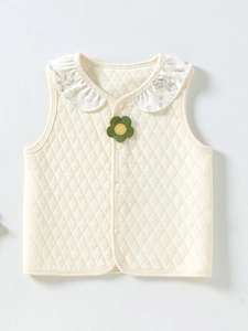 Baby Warm Quilted Vest Floral Ruffle Collar Sunflower Applique Snap Cotton Waistcoat Outerwear For Infant Toddler