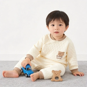 Baby Quilted Cotton Thermal Underwear Set High Waisted Belly Protection Top And Pants Cartoon Bear Dinosaur Sleepwear