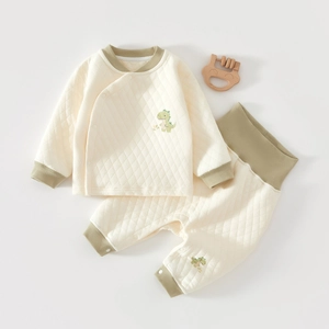 Quilted baby thermal pajama set with dinosaur embroidery and high waist belly protection