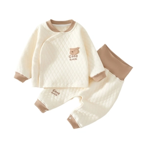 Baby quilted warm underwear set with high waist and cute teddy bear embroidery