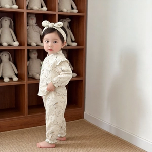 Chinese Style Baby Clothing Set Cotton Floral Bird Bunny Print Frog Button Long Sleeve Top Pants 2Pcs Outfit For Infant