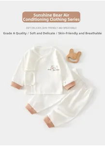Detail of waffle knit baby summer set with cute bear embroidery and ribbed cuffs