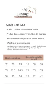 Size chart and washing guide for infant cotton sleepwear set, Grade A quality fabric