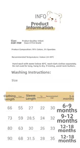 Detailed size chart for baby cotton rompers showing age recommendations and measurements