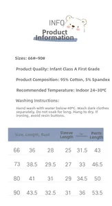 Tableau des tailles détaillé pour bodies bébé en coton avec longueurs et dimensions