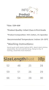 Tableau des tailles pour barboteuse bébé en coton avec guide de lavage détaillé