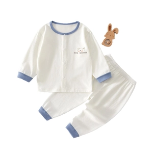 Baby summer thin long-sleeve cotton pajamas set with cartoon bear print in cream and blue