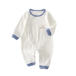 Breathable baby long sleeve romper in white cotton with cute cartoon bear and blue trim