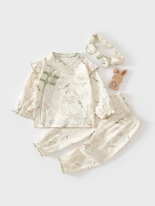 Pyjama en Coton pour Bébé Style Néo-Chinois Traditionnel Imprimé Fleurs et Oiseaux Haut à Manches Longues et Pantalon Vêtement Maison