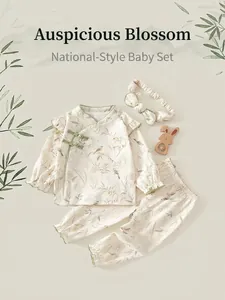 Ensemble 3 pièces pour bébé en coton style chinois avec motifs fleurs et oiseaux traditionnels