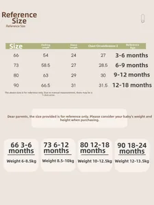 Detailed infant romper size chart with length and weight guides for ages 3 to 24 months