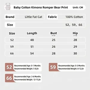 Size chart for cotton newborn baby butterfly romper with bear print measurements