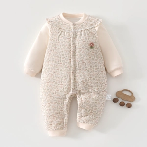 Padded cotton baby romper with floral sleeves, lace collar and small 3D pink flower detail