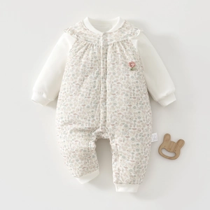Infant Quilted Cotton Romper Long Sleeve Floral Print Padded Jumpsuit Warm Autumn Winter Outfit For Baby Boys Girls